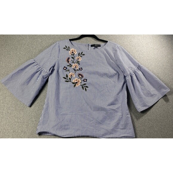 Fred David Striped Embroidered Flowers Bell Sleeves Blouse Size S - Picture 1 of 4